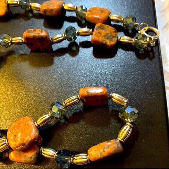 Unakite Jasper & Blue Crystal Necklace 26” Gorgeous - Picture 8 of 8